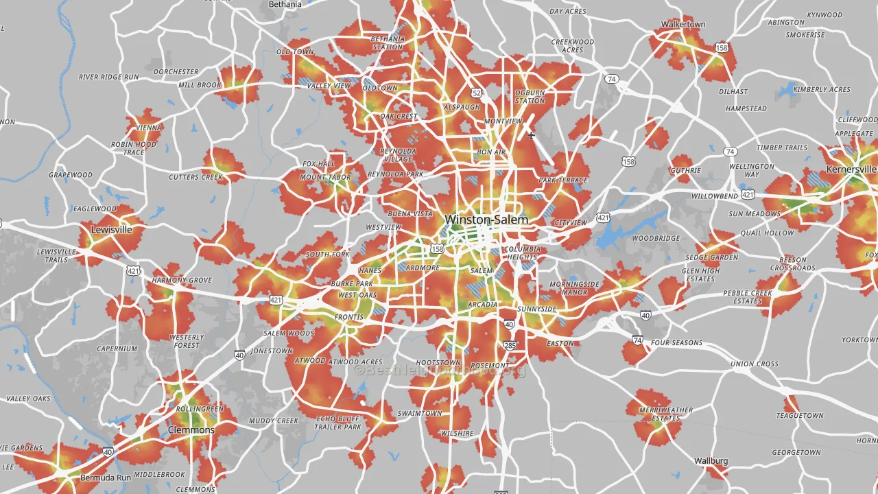 Walk Grade map of Winston-Salem, NC, walkable areas in green and car-dependent areas in red