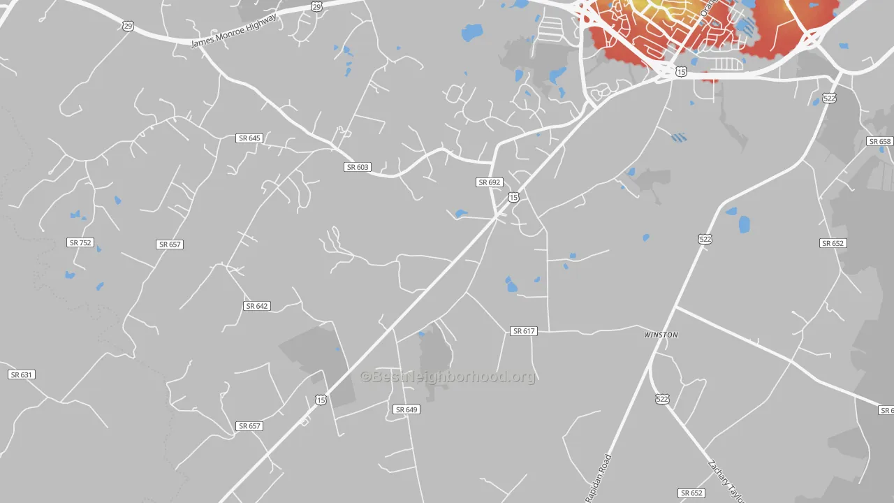 Walk Grade map of Winston, VA, walkable areas in green and car-dependent areas in red