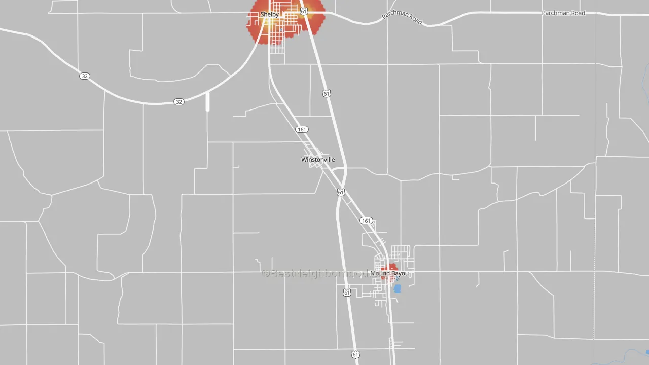 Walk Grade map of Winstonville, MS, walkable areas in green and car-dependent areas in red