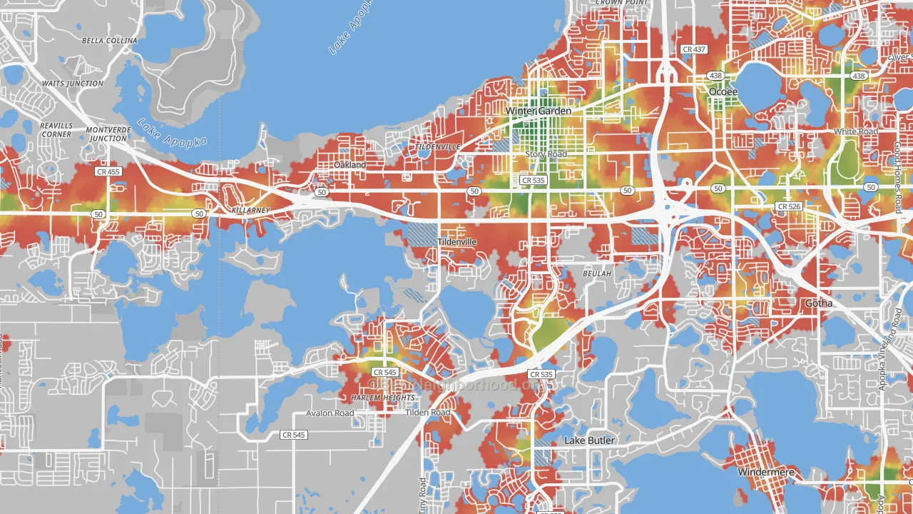 Walk Grade map of Winter Garden, FL, walkable areas in green and car-dependent areas in red