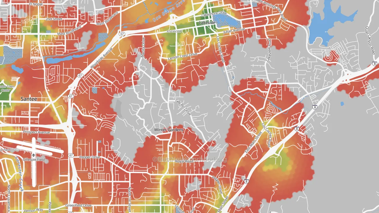 Walk Grade map of Winter Gardens, Lakeside, CA, walkable areas in green and car-dependent areas in red