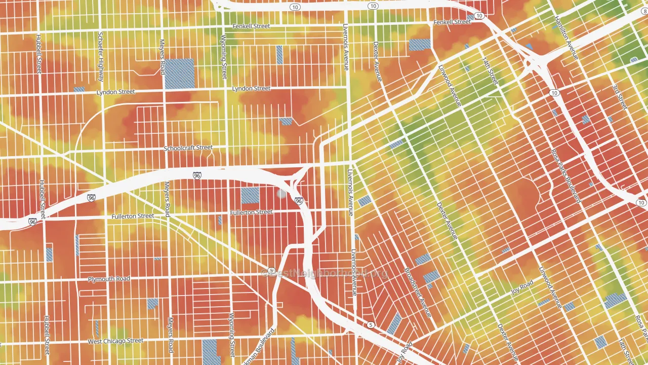 Walk Grade map of Winter Halter, Detroit, MI, walkable areas in green and car-dependent areas in red