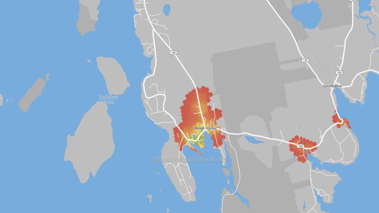 Walk Grade map of Winter Harbor, ME, walkable areas in green and car-dependent areas in red