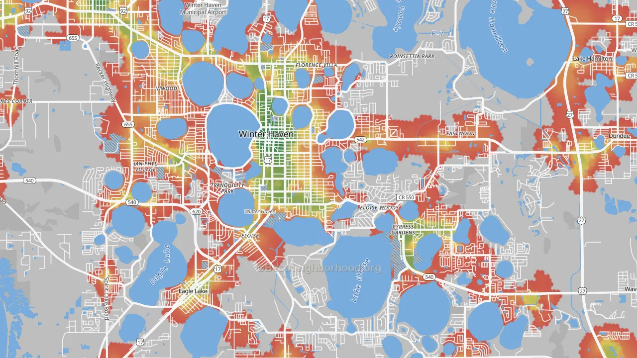 Walk Grade map of Winter Haven, FL, walkable areas in green and car-dependent areas in red