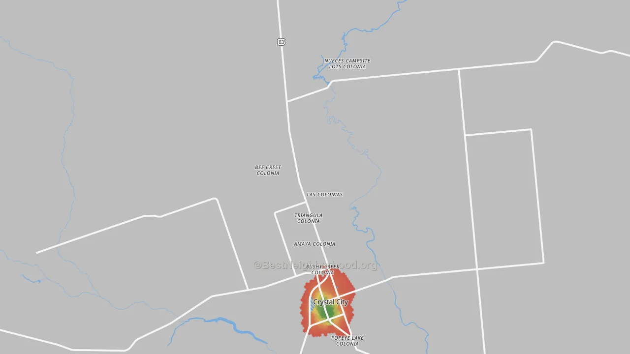 Walk Grade map of Winter Haven, TX, walkable areas in green and car-dependent areas in red