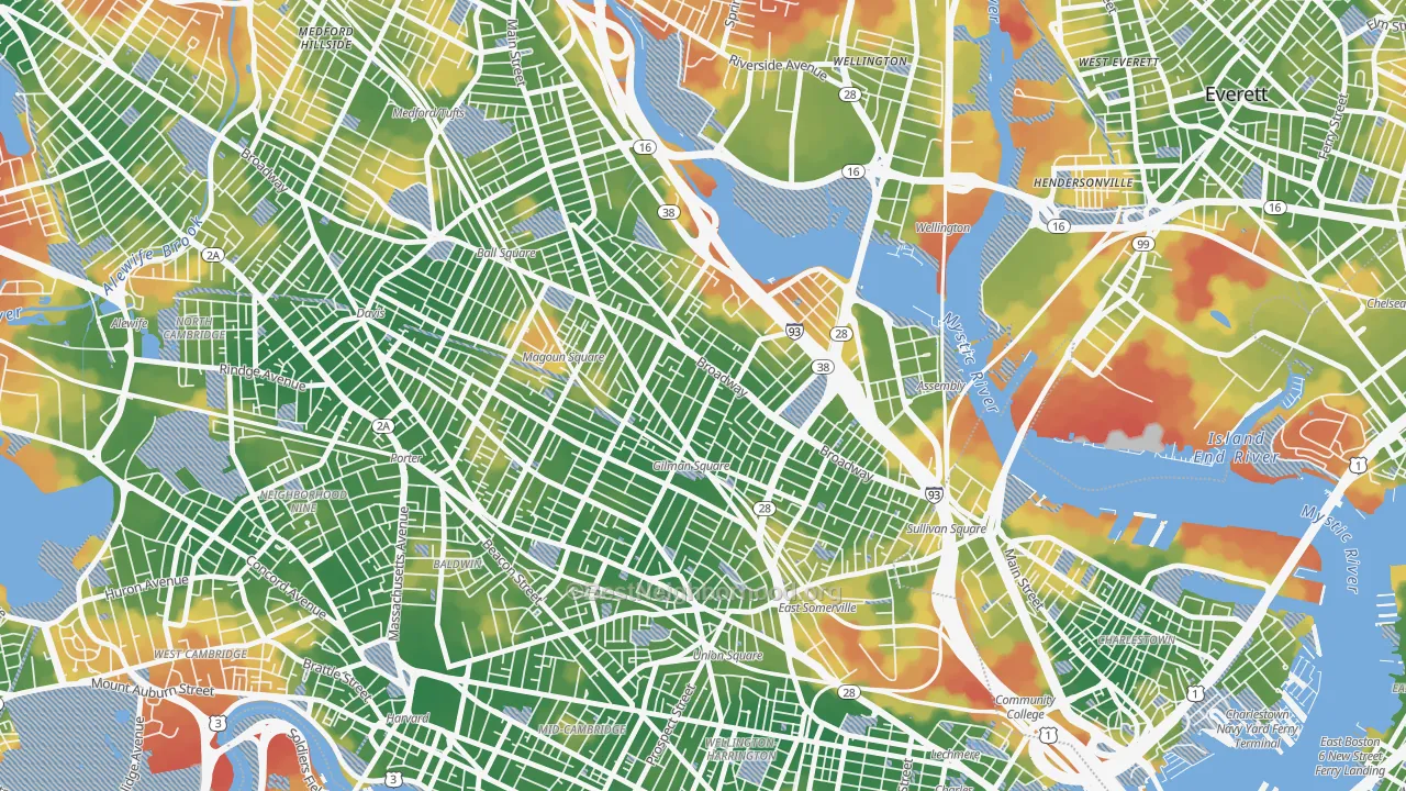 Walk Grade map of Winter Hill, Somerville, MA, walkable areas in green and car-dependent areas in red