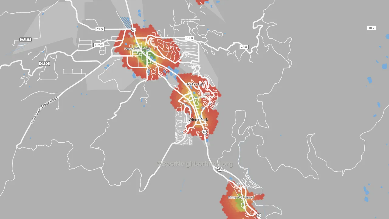 Walk Grade map of Winter Park, CO, walkable areas in green and car-dependent areas in red