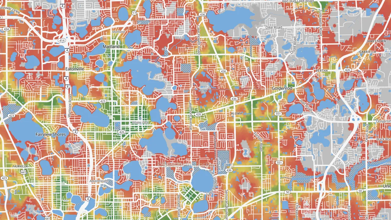 Walk Grade map of Winter Park, FL, walkable areas in green and car-dependent areas in red