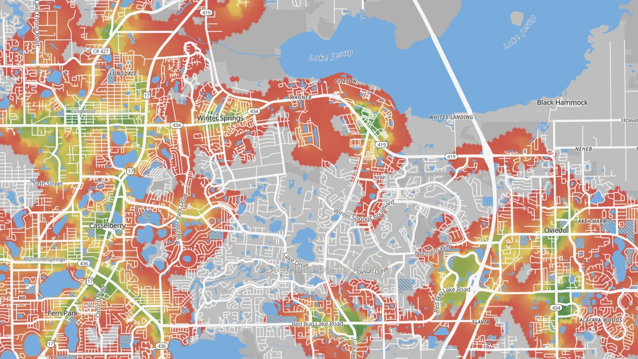 Walk Grade map of Winter Springs, FL, walkable areas in green and car-dependent areas in red
