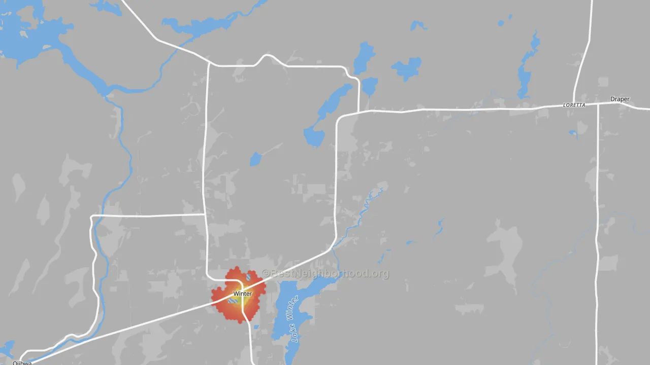 Walk Grade map of Winter, WI, walkable areas in green and car-dependent areas in red