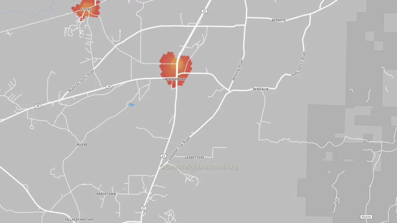 Walk Grade map of Winterboro, AL, walkable areas in green and car-dependent areas in red