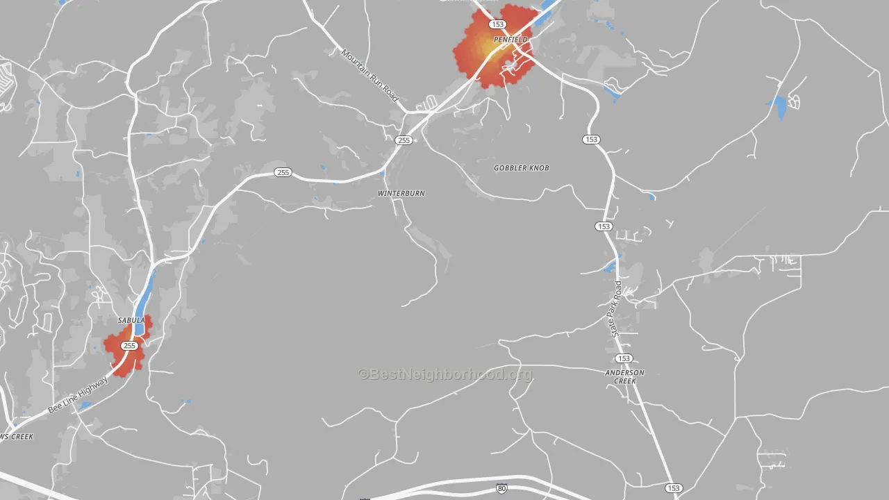 Walk Grade map of Winterburne, PA, walkable areas in green and car-dependent areas in red