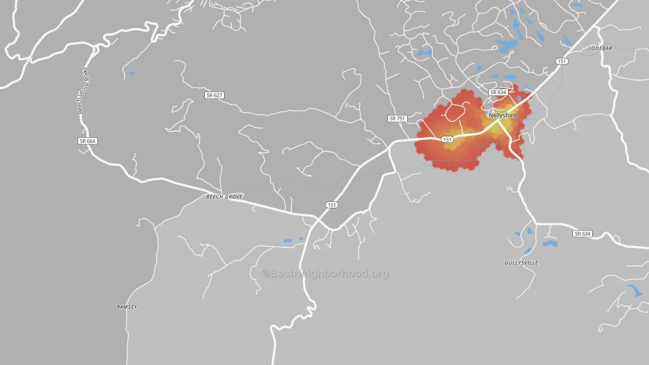 Walk Grade map of Wintergreen, VA, walkable areas in green and car-dependent areas in red