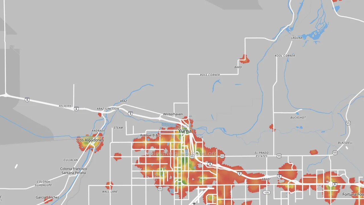 Walk Grade map of Winterhaven, CA, walkable areas in green and car-dependent areas in red