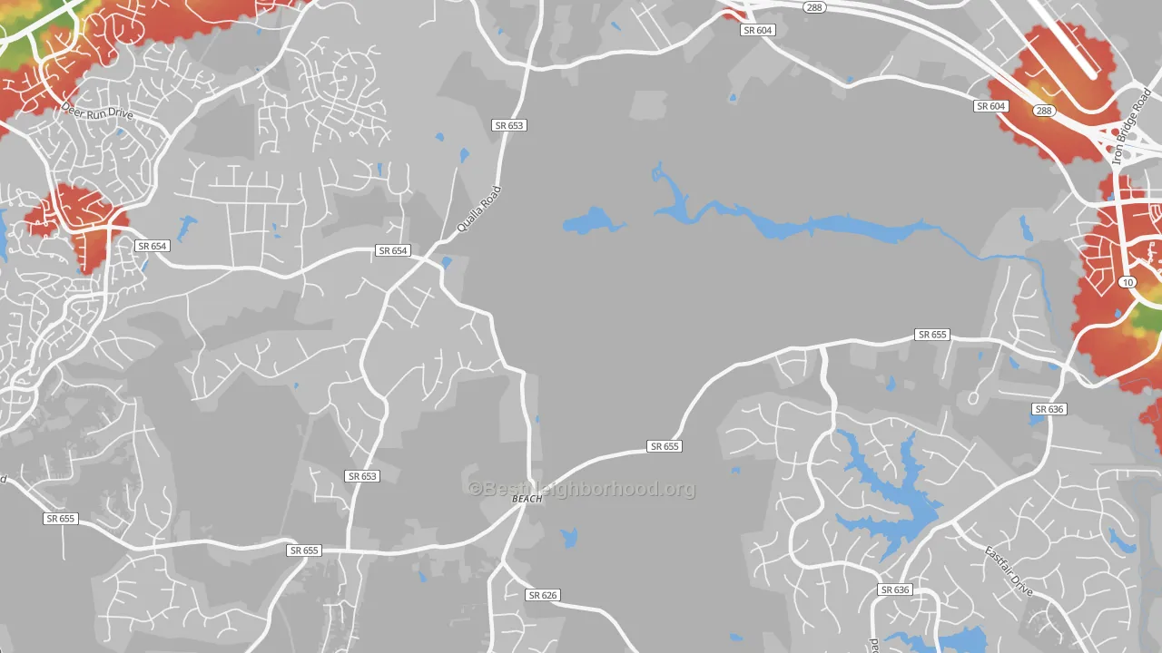 Walk Grade map of Winterpock, VA, walkable areas in green and car-dependent areas in red