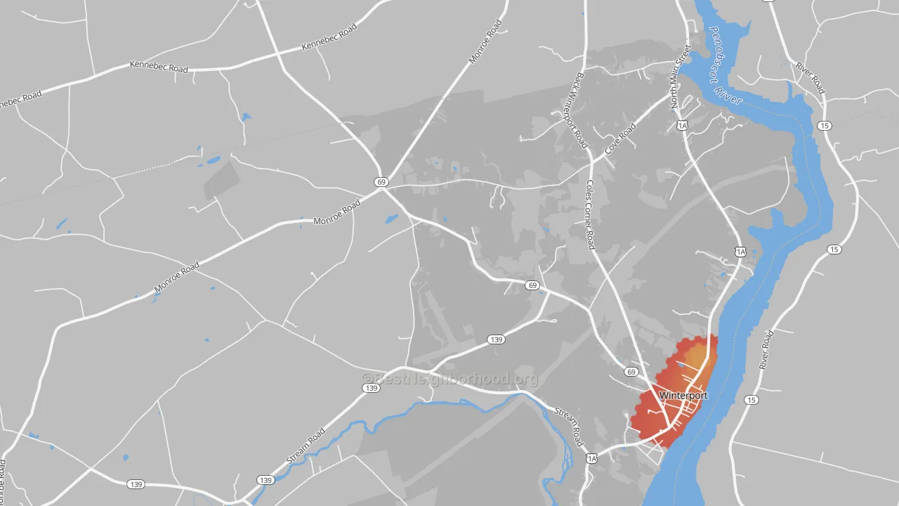 Walk Grade map of Winterport, ME, walkable areas in green and car-dependent areas in red