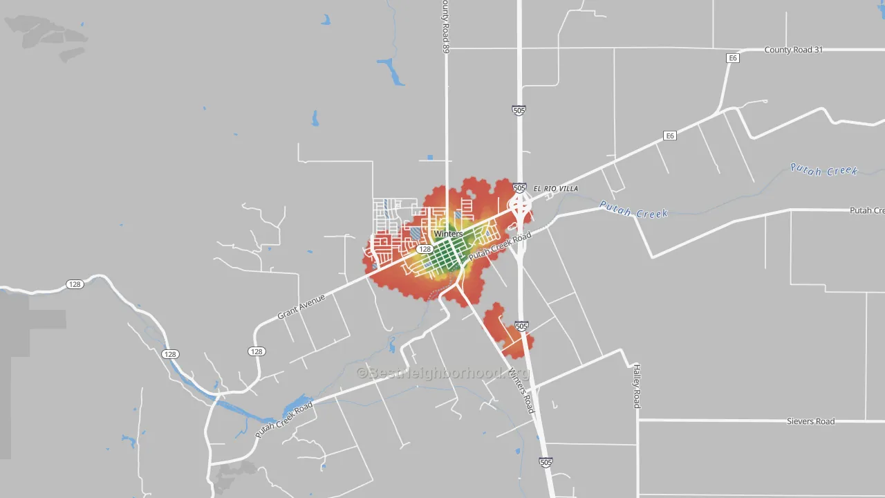 Walk Grade map of Winters, CA, walkable areas in green and car-dependent areas in red