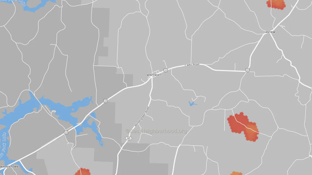 Walk Grade map of Winterset, OH, walkable areas in green and car-dependent areas in red