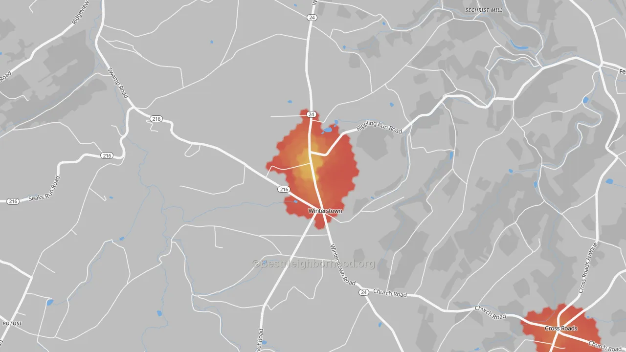 Walk Grade map of Winterstown, PA, walkable areas in green and car-dependent areas in red