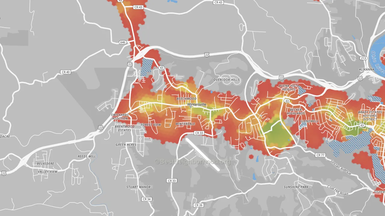 Walk Grade map of Wintersville, OH, walkable areas in green and car-dependent areas in red