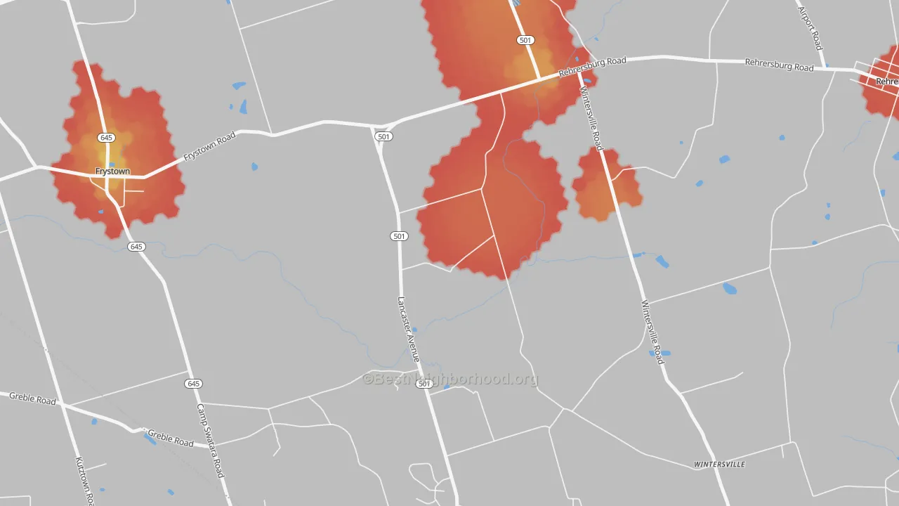 Walk Grade map of Wintersville, PA, walkable areas in green and car-dependent areas in red