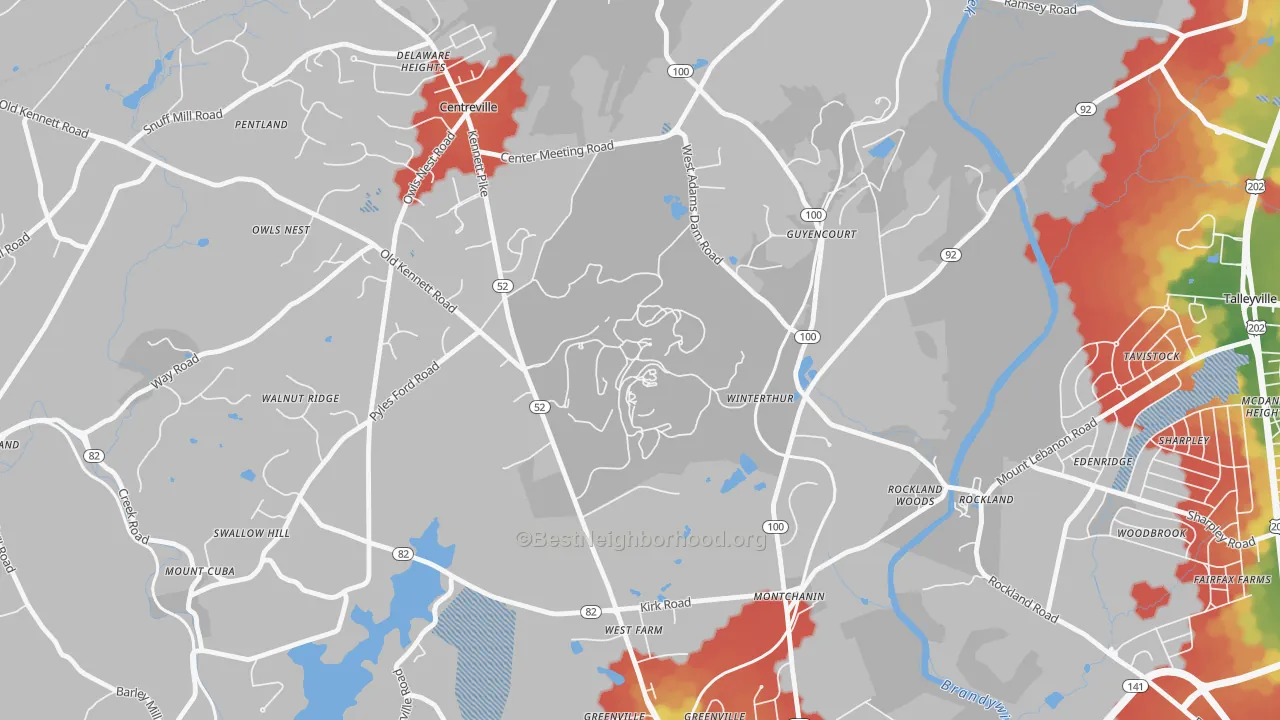 Walk Grade map of Winterthur, DE, walkable areas in green and car-dependent areas in red