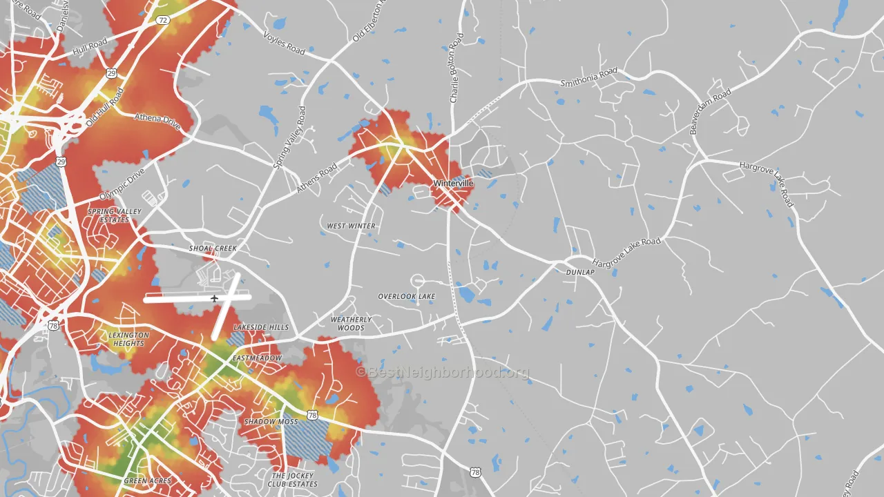 Walk Grade map of Winterville, GA, walkable areas in green and car-dependent areas in red