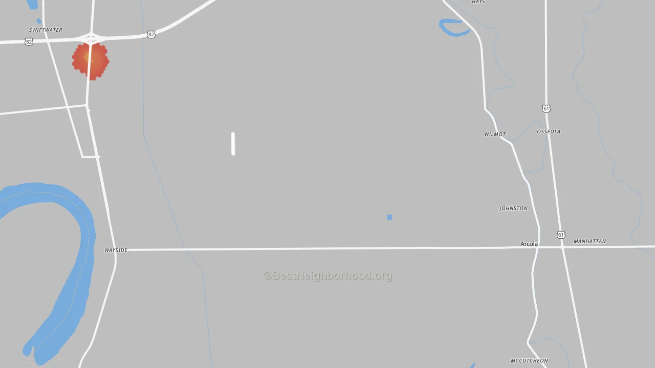 Walk Grade map of Winterville, MS, walkable areas in green and car-dependent areas in red