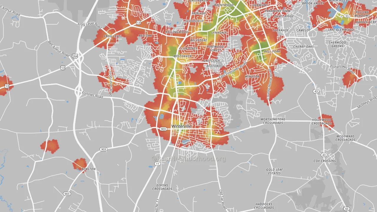 Walk Grade map of Winterville, NC, walkable areas in green and car-dependent areas in red