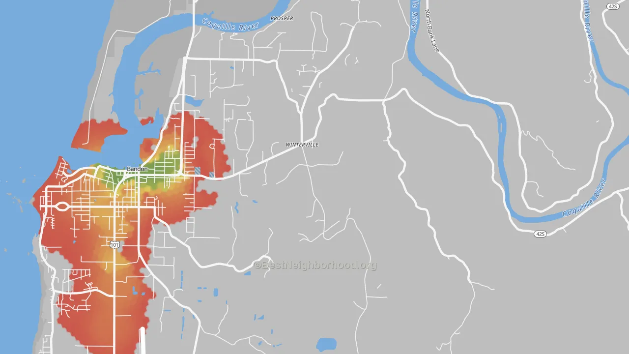 Walk Grade map of Winterville, OR, walkable areas in green and car-dependent areas in red