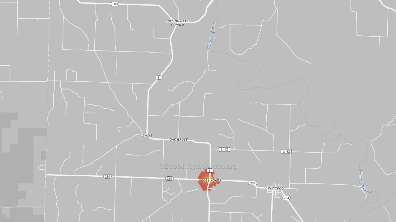 Walk Grade map of Winthrop, AR, walkable areas in green and car-dependent areas in red