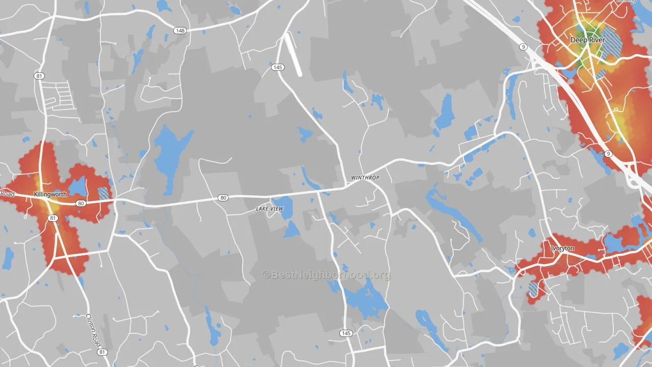 Walk Grade map of Winthrop, CT, walkable areas in green and car-dependent areas in red