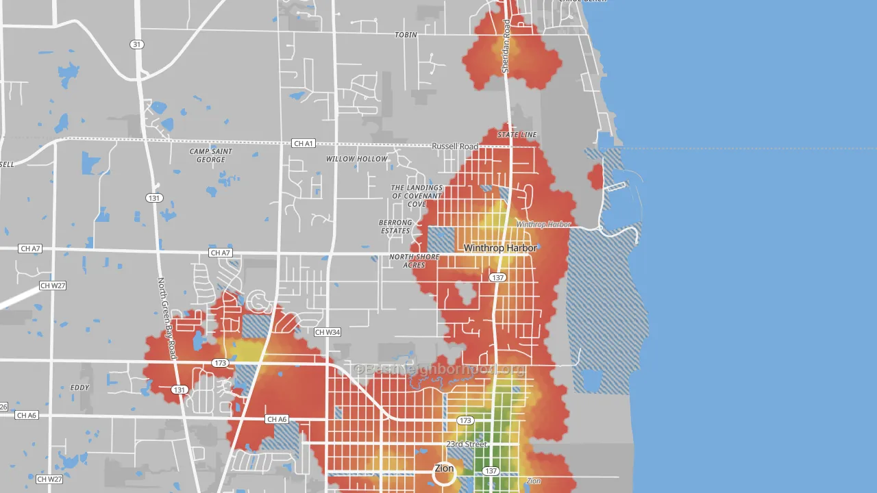 Walk Grade map of Winthrop Harbor, IL, walkable areas in green and car-dependent areas in red