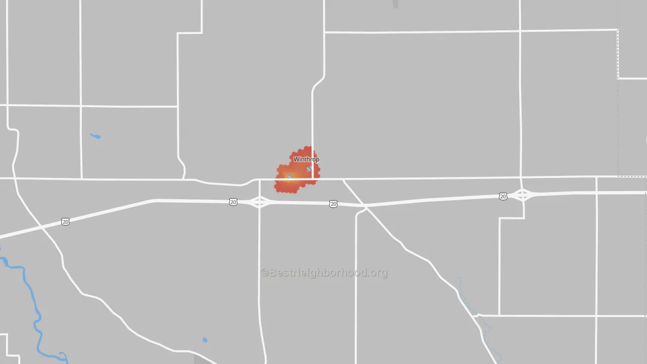 Walk Grade map of Winthrop, IA, walkable areas in green and car-dependent areas in red