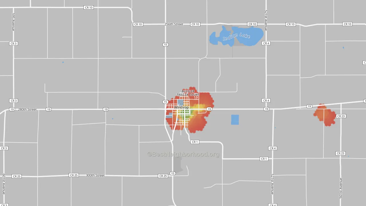 Walk Grade map of Winthrop, MN, walkable areas in green and car-dependent areas in red