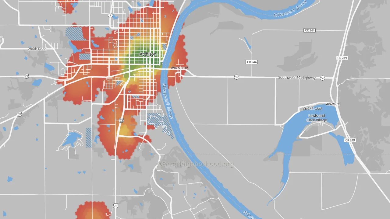 Walk Grade map of Winthrop, MO, walkable areas in green and car-dependent areas in red