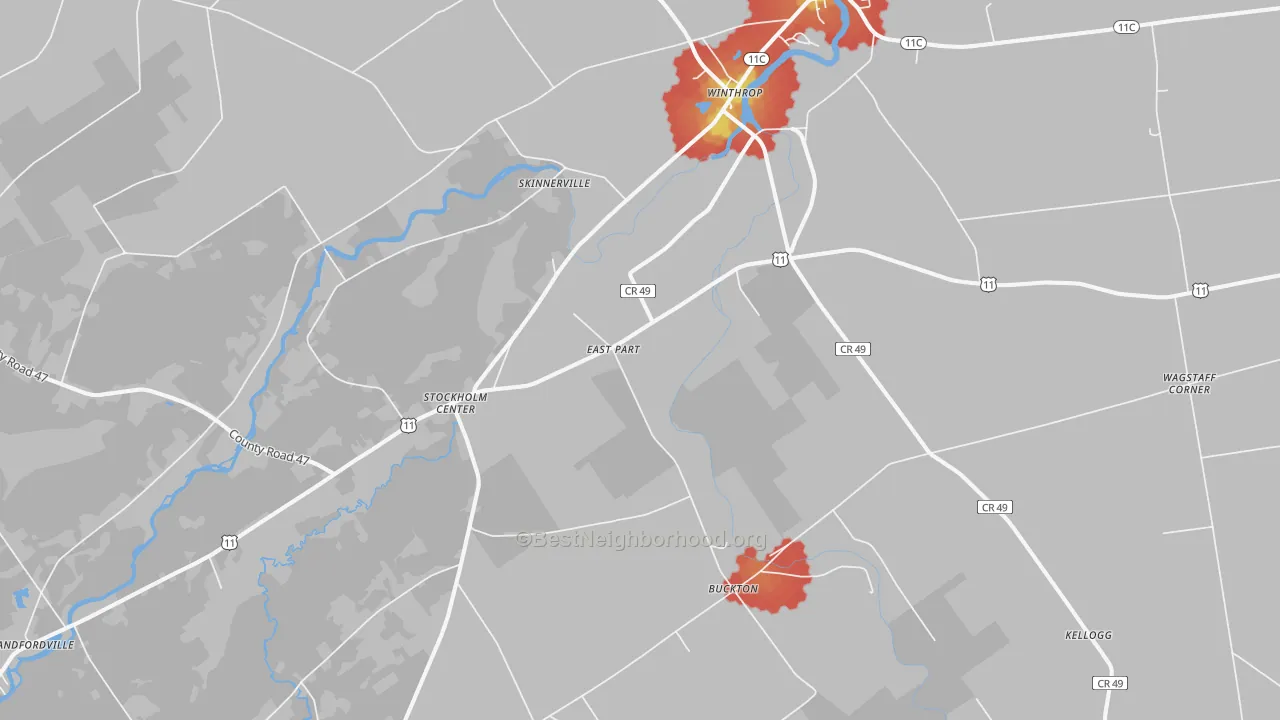 Walk Grade map of Winthrop, NY, walkable areas in green and car-dependent areas in red