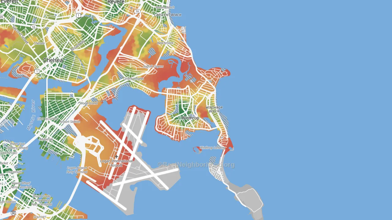 Walk Grade map of Winthrop Town, MA, walkable areas in green and car-dependent areas in red