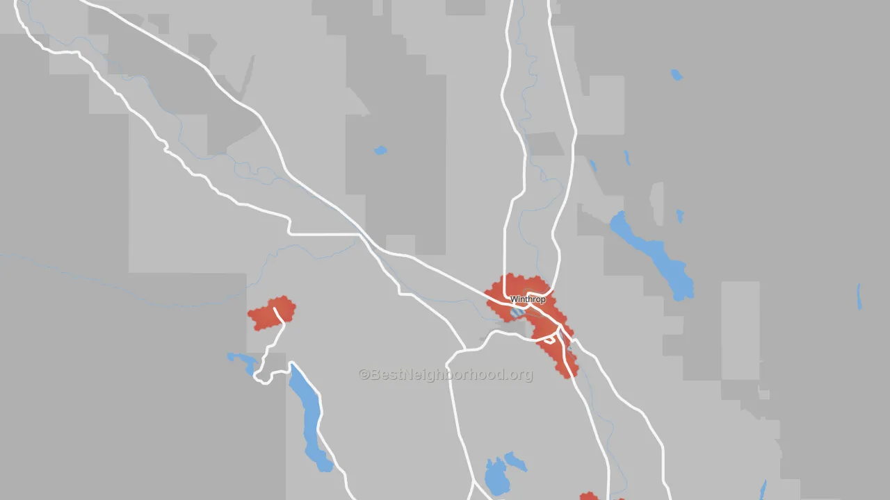 Walk Grade map of Winthrop, WA, walkable areas in green and car-dependent areas in red