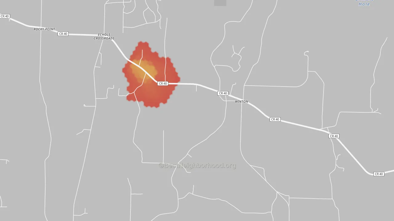 Walk Grade map of Winton, AL, walkable areas in green and car-dependent areas in red