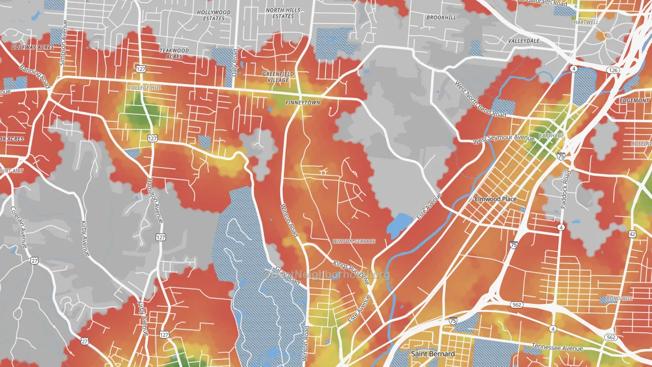 Walk Grade map of Winton Hills, Cincinnati, OH, walkable areas in green and car-dependent areas in red