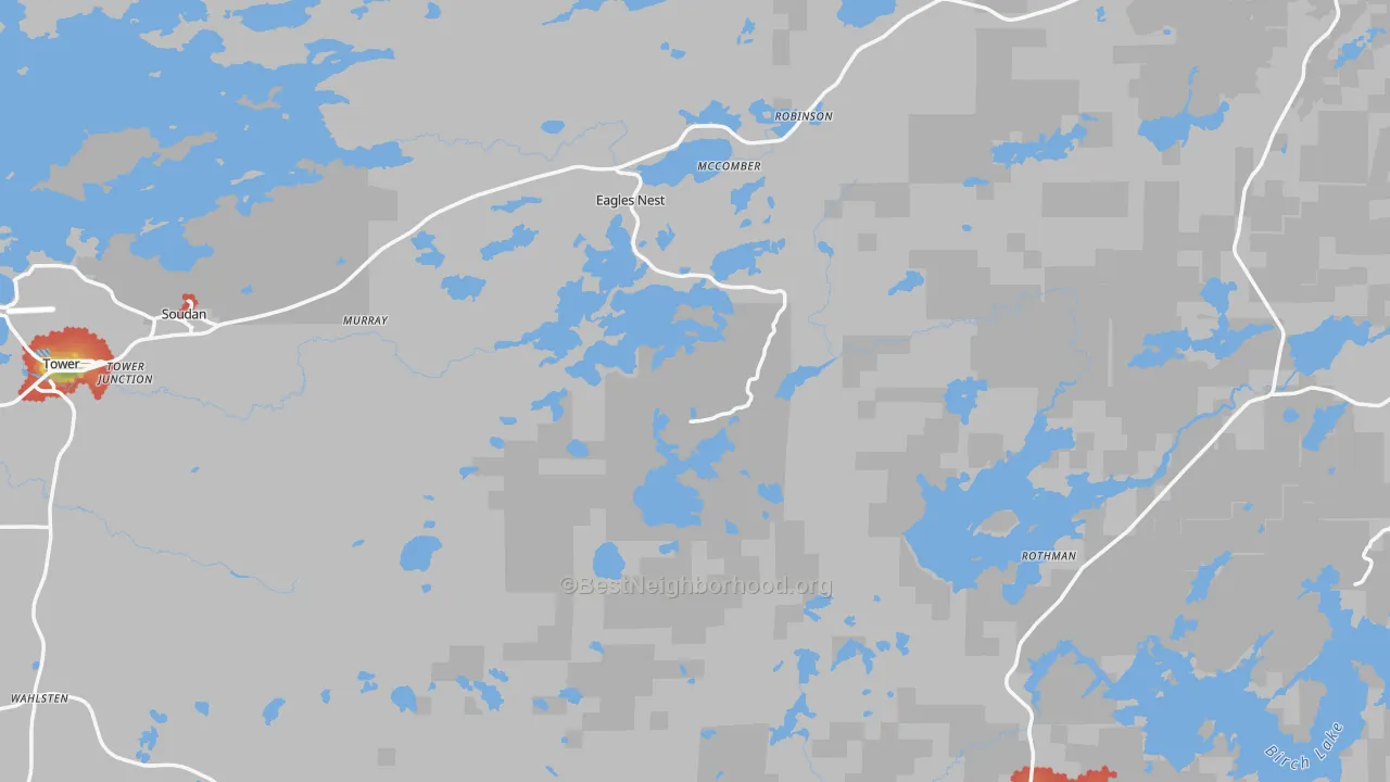 Walk Grade map of Winton, MN, walkable areas in green and car-dependent areas in red