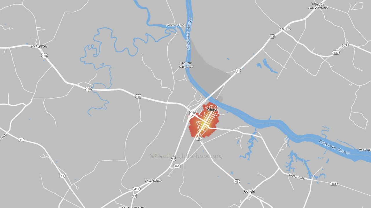 Walk Grade map of Winton, NC, walkable areas in green and car-dependent areas in red