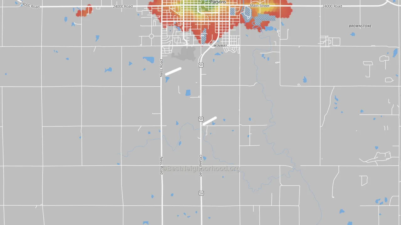 Walk Grade map of Winway, KS, walkable areas in green and car-dependent areas in red