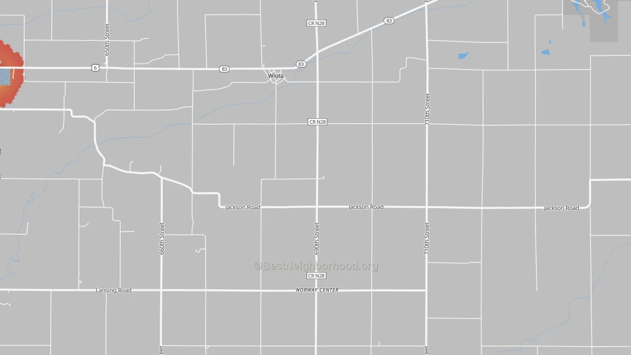 Walk Grade map of Wiota, IA, walkable areas in green and car-dependent areas in red