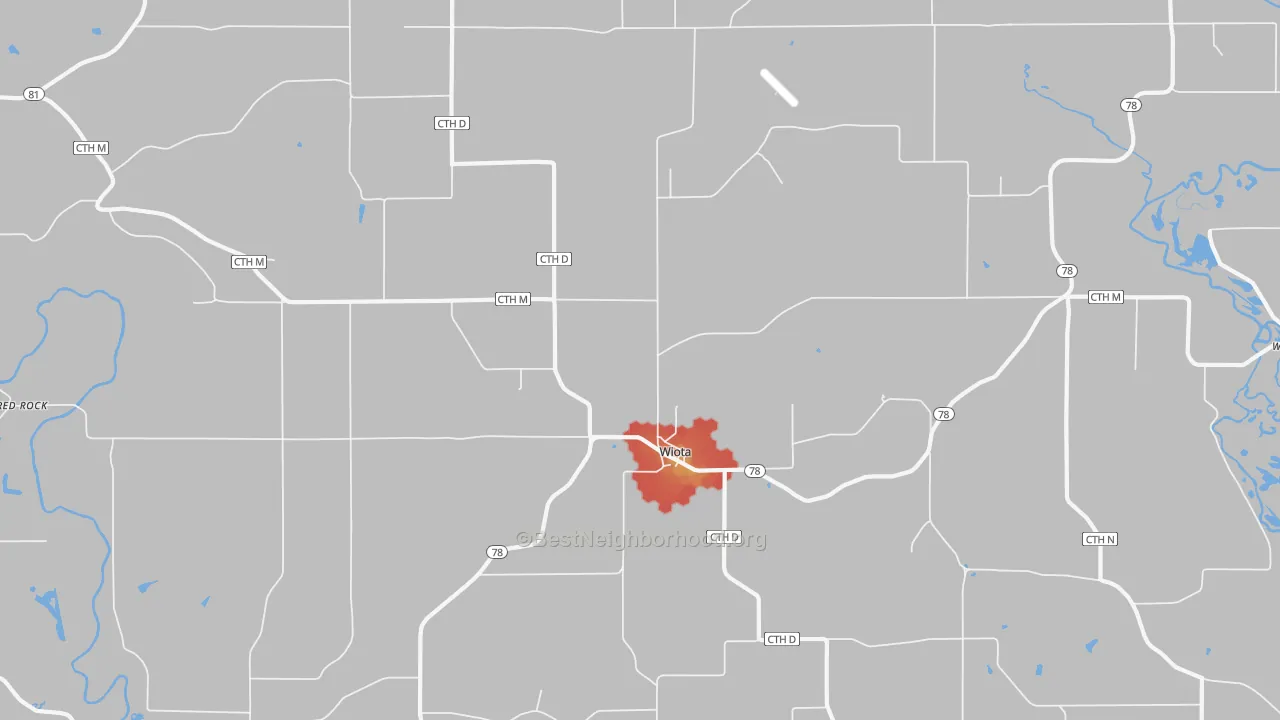 Walk Grade map of Wiota, WI, walkable areas in green and car-dependent areas in red