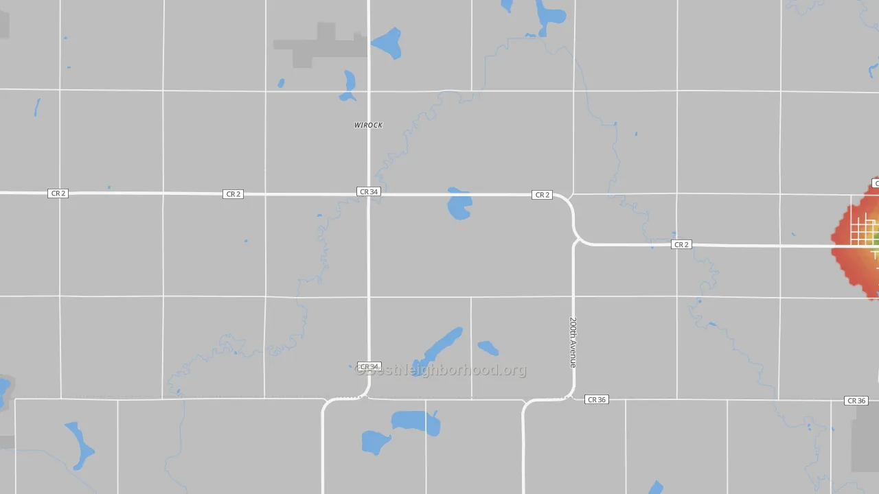Walk Grade map of Wirock, MN, walkable areas in green and car-dependent areas in red