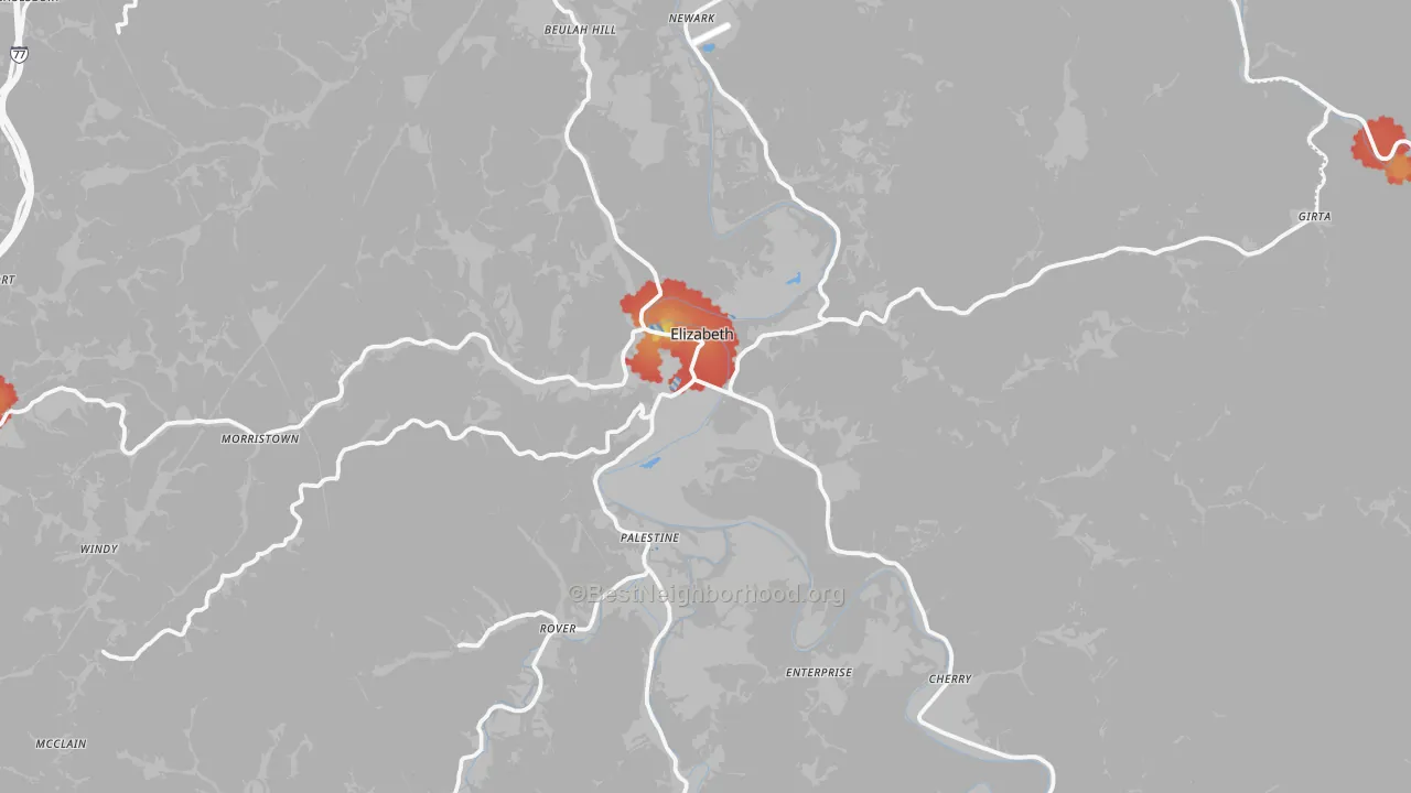 Walk Grade map of Wirt County, WV, walkable areas in green and car-dependent areas in red