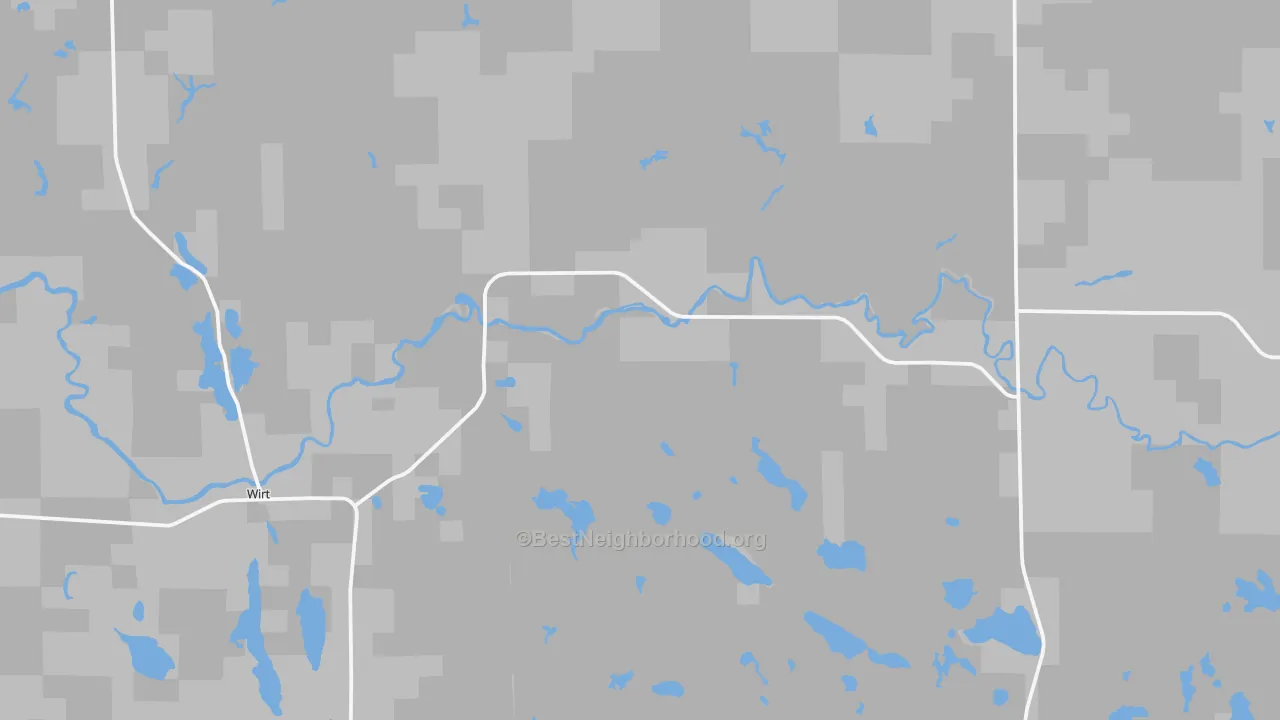 Walk Grade map of Wirt, MN, walkable areas in green and car-dependent areas in red