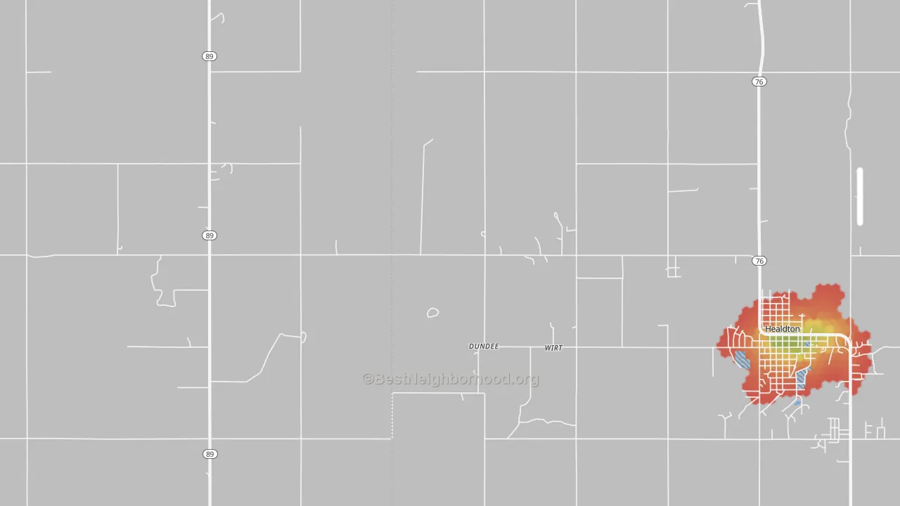 Walk Grade map of Wirt, OK, walkable areas in green and car-dependent areas in red